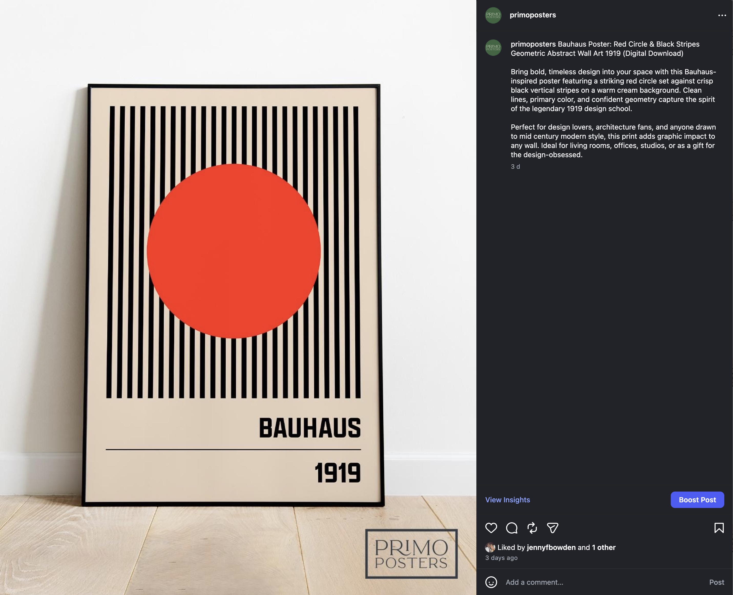 The same Bauhaus Circle Stripes listing auto-posted to Instagram, showing the poster, real caption and like count